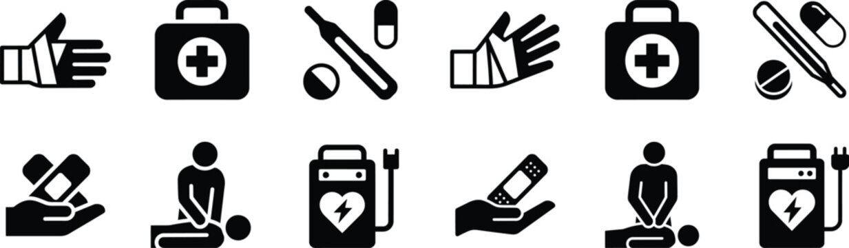 Medical emergency and first aid assistance icon set showing bandage pill bottle defibrillator symbol.
