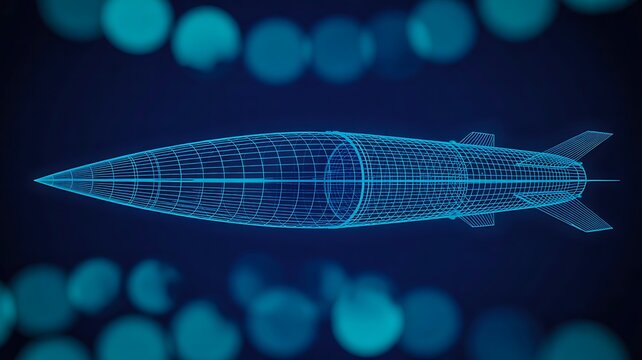 Futuristic missile wireframe blueprint with digital engineering and defense technology concept