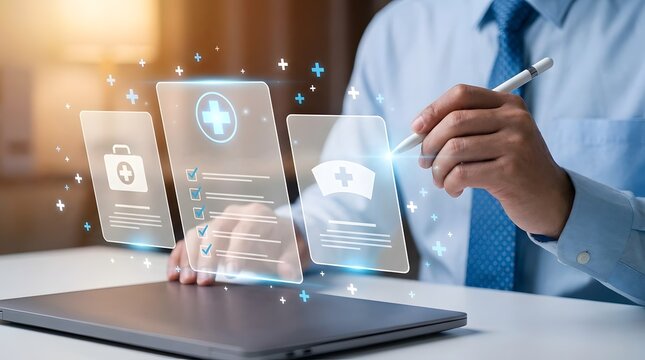 AI powered healthcare automation concept featuring digital medical records, patient document management and enhanced healthcare service efficiency
