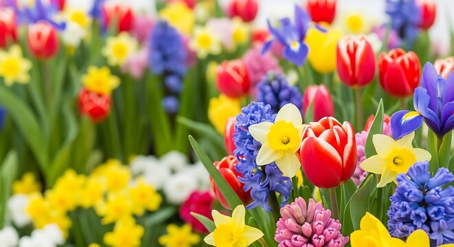 Vibrant spring flower bed with tulips daffodils and hyacinths
