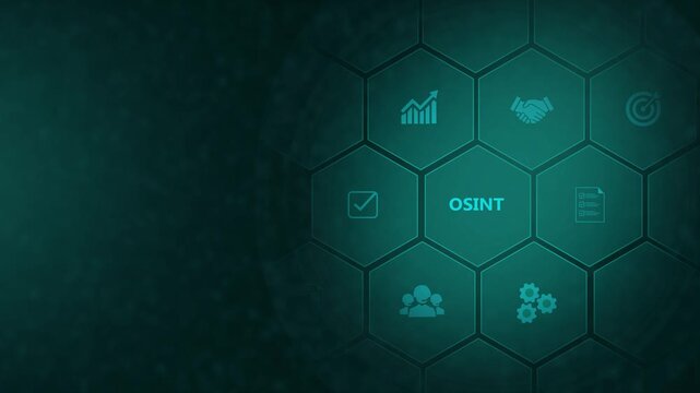 OSINT Open Source Intelligence Hexagonal Infographic with with gears Background OSINT data analysis. digital interface on cyan color background