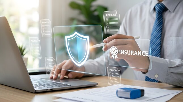 Businessman reviewing digital insurance policies and compliance documents on laptop and tablet for risk management, regulatory compliance and insurance technology