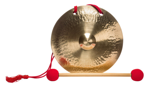 Brass gong with red mallet and tassel