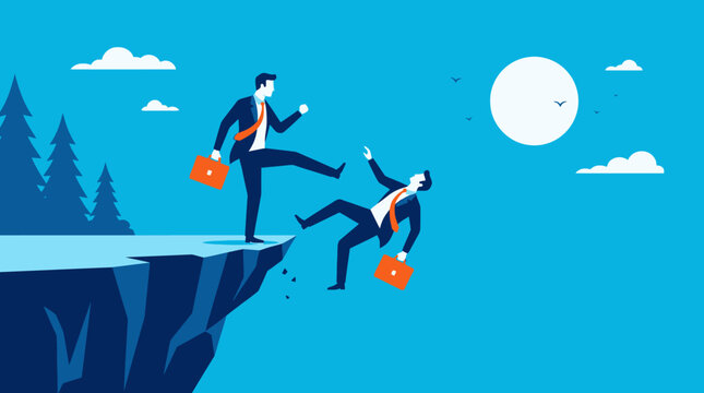 Corporate Betrayal Concept with a businessman kicking a colleague off a cliff in a flat vector style, ideal for articles on toxic work environments or corporate sabotage.