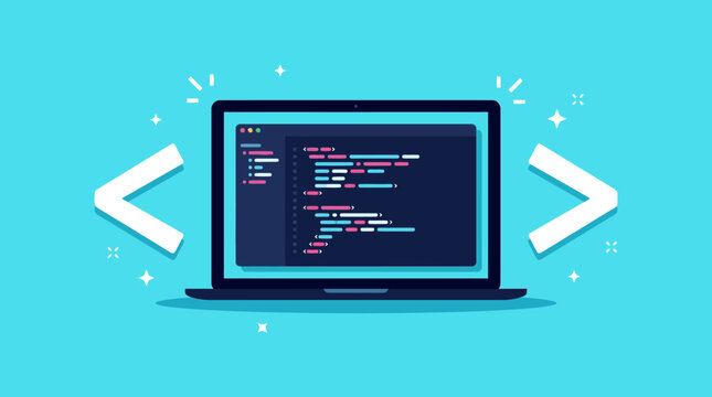 Software Development Concept featuring a laptop displaying colorful code lines with large bracket symbols on a teal background, ideal for web development services and tech blog headers.
