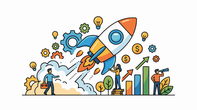 A colorful cartoon graphic depicting a rocket launching with people