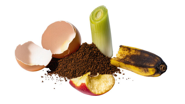 Eggshells coffee grounds leek apple slice, and banana peel