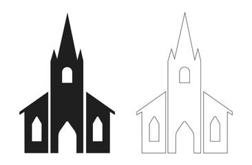 Fototapeta premium Black church silhouette and outline featuring a gothic building with a tall steeple and arched windows for religious architectural icon of a traditional church building
