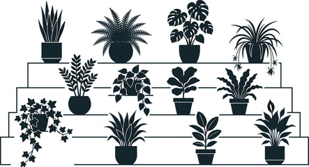 Vector black silhouette illustration collection featuring various potted houseplants displayed on tiered shelving stands including monstera fern snake plant ivy and palms. © Khairul