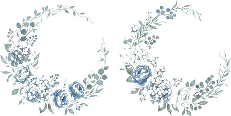 Vector watercolor illustration collection featuring two delicate semi circular crescent wreath frames composed of light blue roses hydrangeas berries and greenery. © Khairul