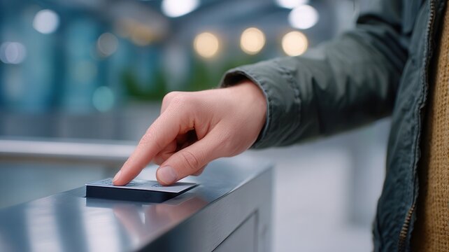 Hand placing thumb on a biometric scanner or card reader at an automatic turnstile a restricted area accessing