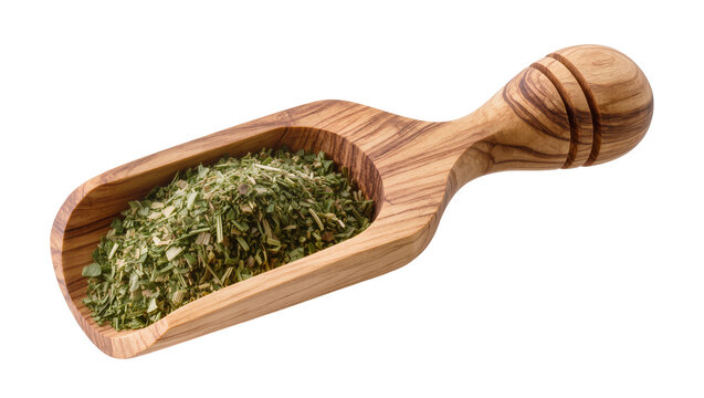 Wooden scoop filled with dried herbs