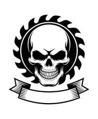 Fototapeta premium Aggressive skull with circular saw blade and blank ribbon banner vector art