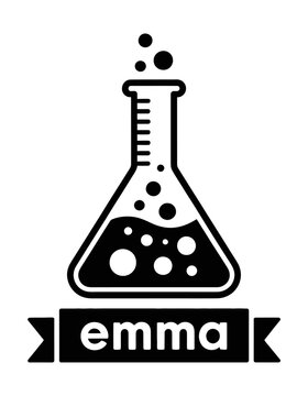 Emma name tag label with scientific laboratory flask vector icon for chemistry research