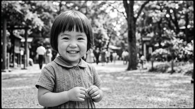昭和の日本人女性：昭和40年代の公園で天真爛漫な笑顔を見せる、おかっぱ頭の女児のモノクロポートレート