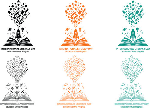 International Literacy Day logo bundle with a rocket flying out of an open book and a motivational education slogan