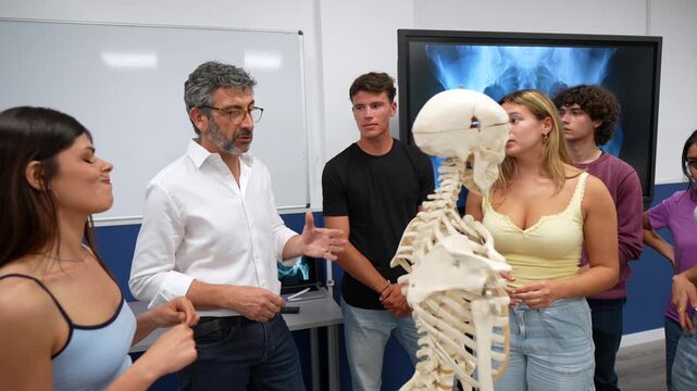 College professor explaining human anatomy to a diverse group of curious medical students, using a skeletal model and an x ray scan in the background for a practical and interactive biology class