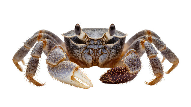 Crab with speckled claws and hairy legs on white