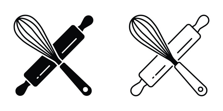 Cooking and baking utensils icon set featuring whisk and rolling pin, culinary. Kitchen whisk and rolling pin vector illustration set