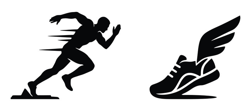 Running and athletics icon set with sprinter silhouette shoe sole and finish line runner. Running shoe icon collection, fitness footwear and sport symbols on transparent background