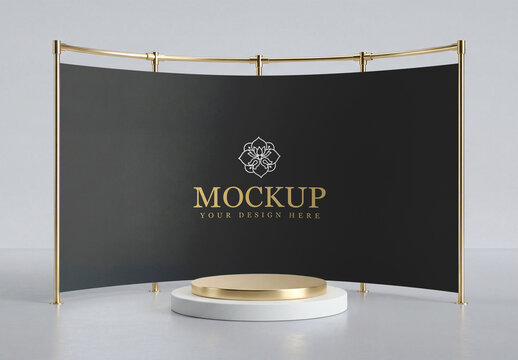 Premium Curved Backdrop with Golden Podium Mockup