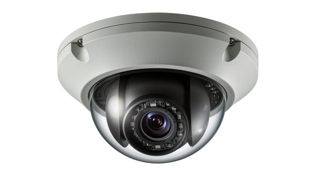 White dome security camera with clear lens and black interior