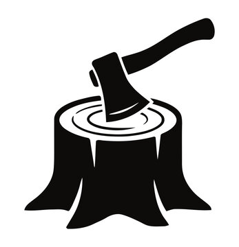 Axe Embedded In A Tree Stump Silhouette Icon. Axe in tree stump icon set in outline, solid, and hand-drawn styles. Deforestation and woodcutting concept