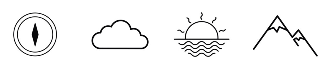 Mountain peak, rising sun, fluffy cloud, and compass icons, hand-drawn doodle style vector illustration for nature and adventure themes © muni