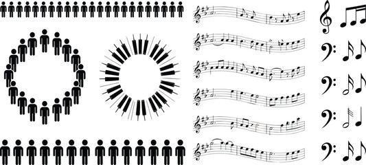 Music and Community Symbols Collection Featuring Musical Notes Piano Keyboard Staff Notation and Human Figure Circle Icons © Momota