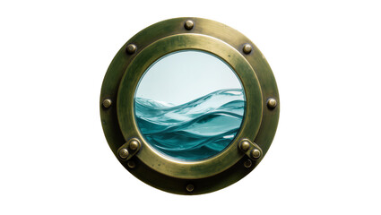 Naklejka premium Round brass porthole window with ocean waves view