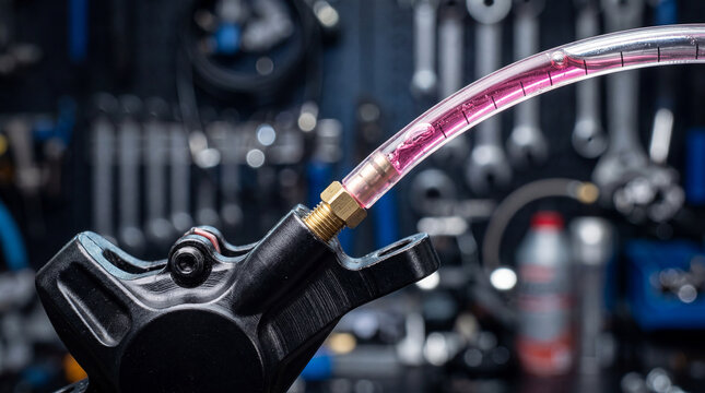 Vibrant brake fluid flushing through a caliper tube during meticulous motorcycle service