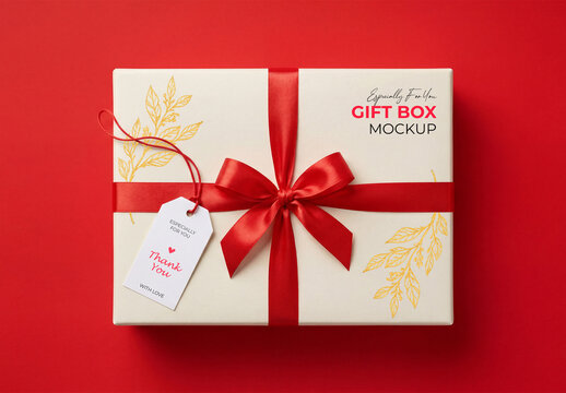 Gift Box Mockup with Red Ribbon