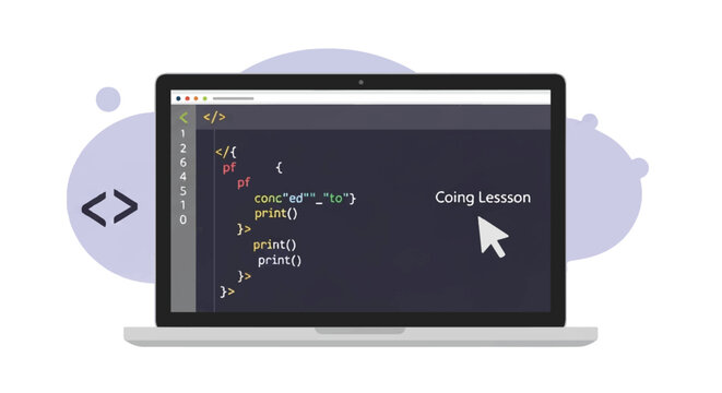 Laptop screen displays a coding lesson with colorful code snippets and software development focus.