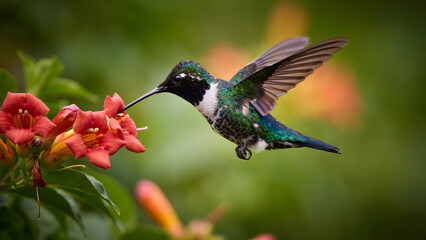 Obraz premium A vibrant green hummingbird hovering while feeding on red trumpet flowers