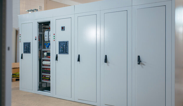 Electrical control cabinet with open door and wiring