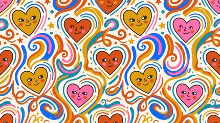 Naklejka premium Many smiling hearts mix with bright, wavy lines and small stars forming a playful, retro design