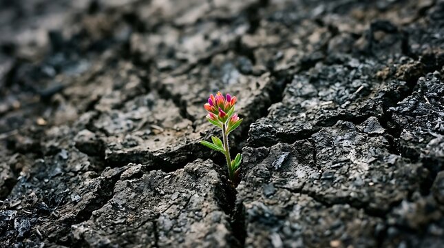 Small vibrant wildflower growing from parched cracked ground