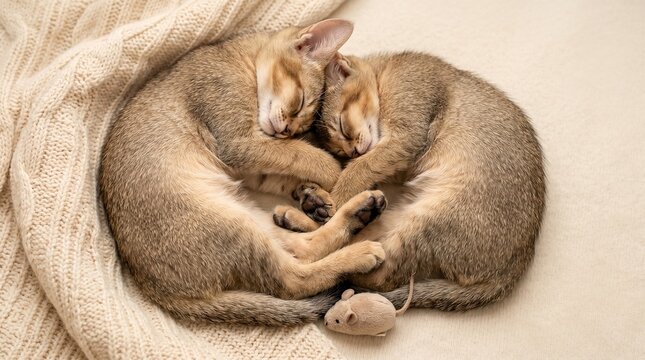 Two adorable Abyssinian kittens sleeping peacefully in a soft circular embrace while resting on a cozy knitted beige blanket with a small plush mouse toy nestled near their tiny paws.