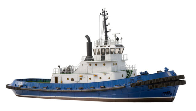Blue and white tugboat with black smokestack and antenna mast