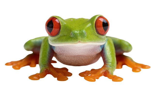 Green red-eyed tree frog with orange feet and belly