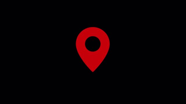 Red location pin icon animation, map marker symbol, GPS navigation pointer, destination locator sign, travel route indicator on black background