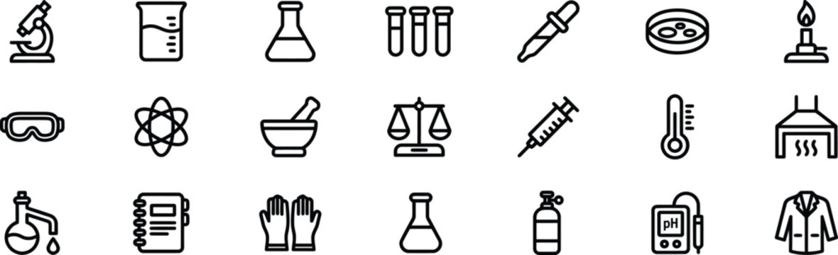 Laboratory and Science Research Line Icon Set. Laboratory equipment and safety vector illustration.