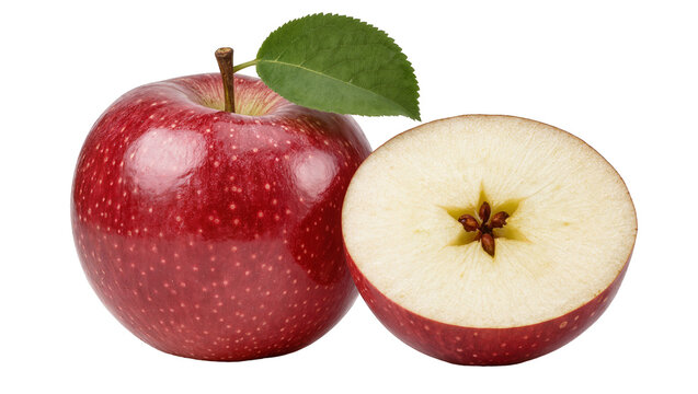 Red apple with leaf and half apple showing seeds
