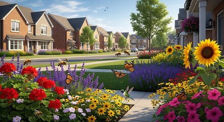 Obraz premium Colorful residential street with blooming garden and houses.