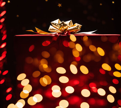 red gift box tied with golden star ribbon surrounded by warm large golden bokeh lights and deep red shadows