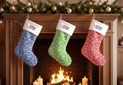 Christmas Stocking Mockup on Fireplace