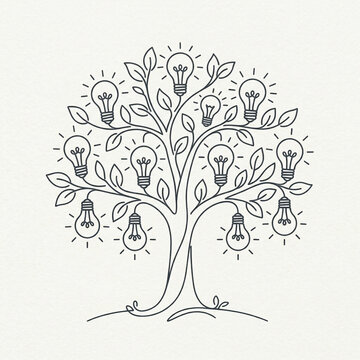 Growing tree with lightbulb fruits illustration minimalist creative ideas innovation concept vector