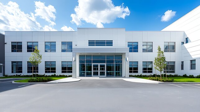 Modern corporate office building with glass entrance, surrounded by small trees and a parking area under a blue sky