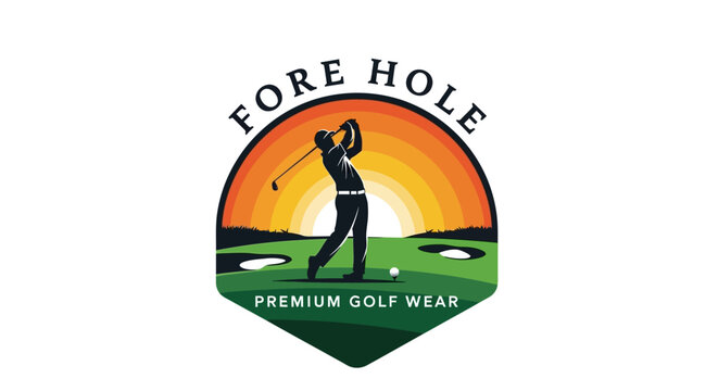 Golfer swinging club at sunset with "Fore Hole Premium Golf Wear" logo