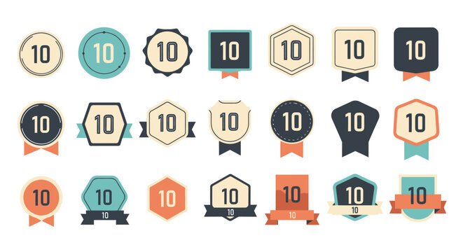 Collection of Number 10 Badges and Ribbons, Retro Style